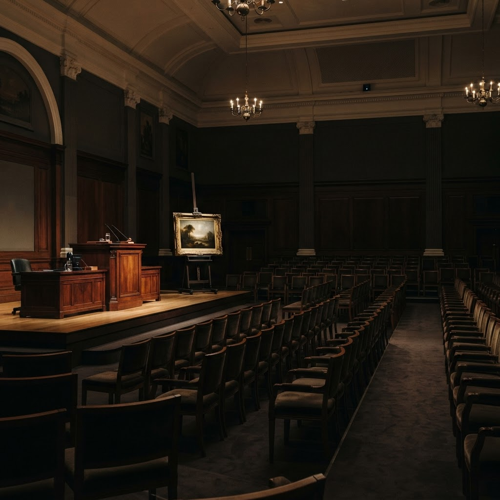 An elegant auction house room with a spotlit painting on an easel beside the auctioneer's rostrum