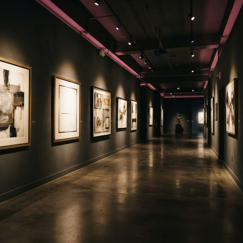 A darkened modern art gallery with framed works lit by warm spotlights